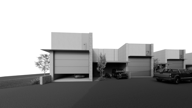 Modern row of boxy houses with garages and parked cars along a driveway.