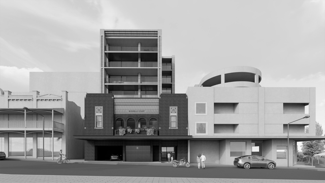 Black-and-white rendering of modern apartment buildings along a street with a parked car.
