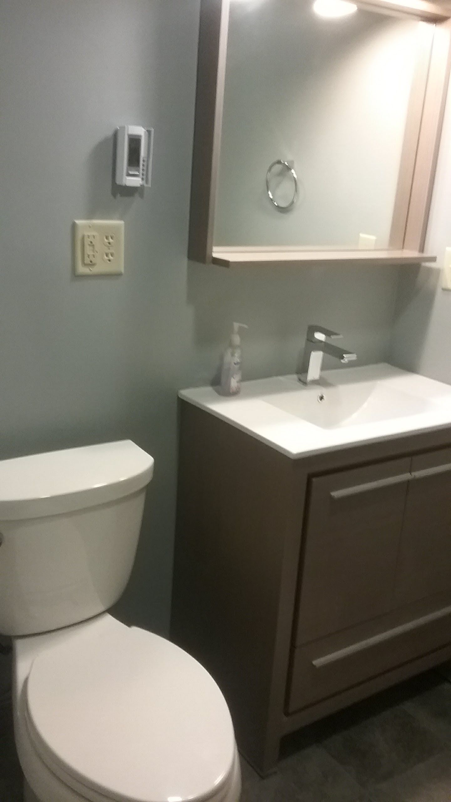 Bathroom with toilet, sink, mirror, and neutral-colored walls.