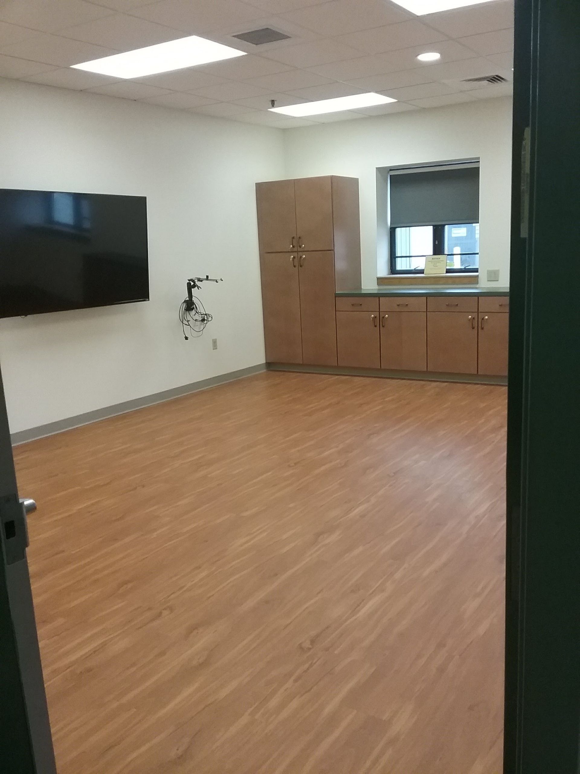 Empty room with wood-look flooring, built-in cabinets, and a large TV on a white wall.