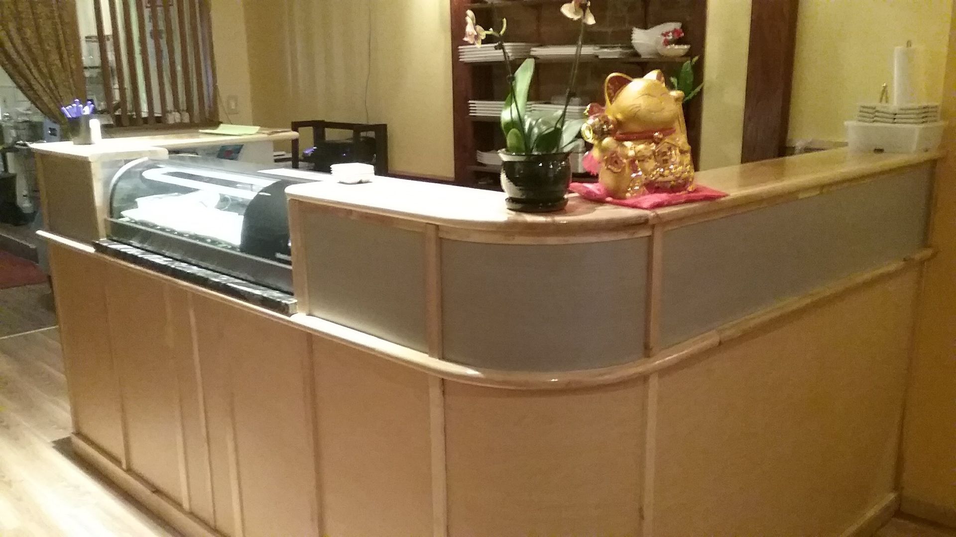 Sushi restaurant counter with display case, potted plant, and lucky cat figurine.