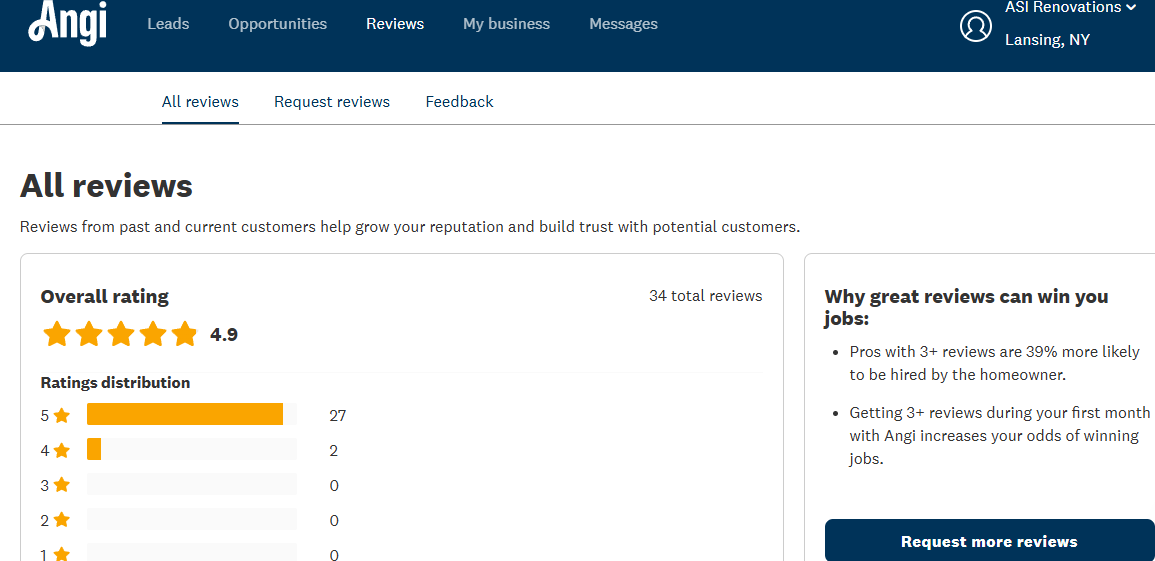Angi reviews page showing overall rating and review distribution.