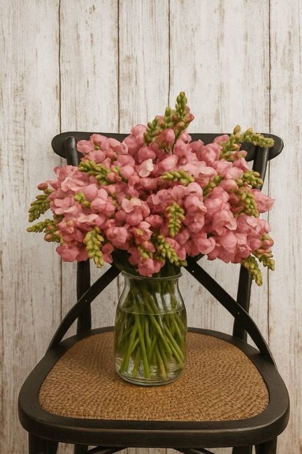Pink Snapdragons in a Glass Vase Sit on a Dark Wooden Chair With a Woven Seat Against a White Wooden Backdrop — Hello Poppy Lane Florist In Albury, NSW