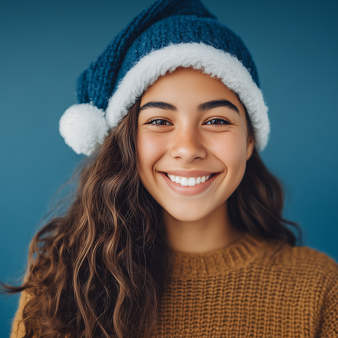 Woman with long, wavy brown hair, wearing a blue and white knit hat, smiling.