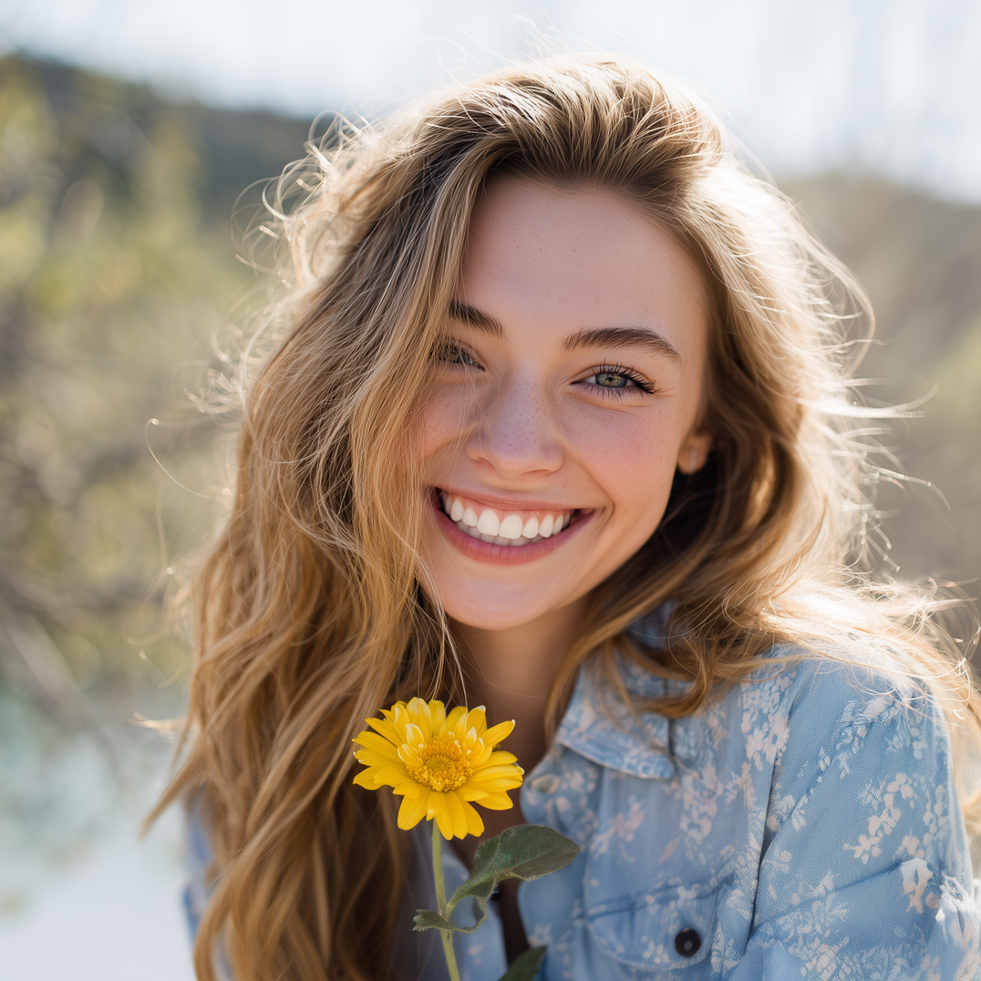 Woman with long blonde hair smiles, holding a yellow flower. Blue denim shirt outdoors.