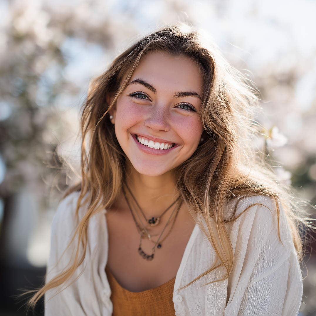 A smiling young person with long light hair, wearing a white shirt and layered necklaces outdoors against a blurred background.
