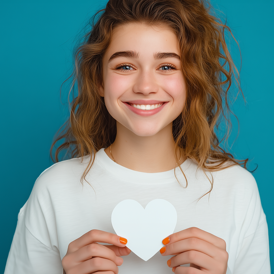 Young person smiling, holding a white heart, against a blue background.