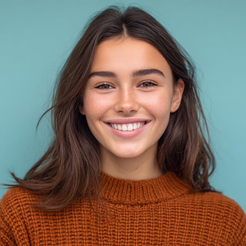 Woman with brown hair and sweater smiling at the camera in front of a teal background.