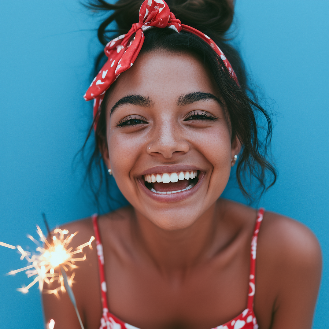 Smiling person holding a lit sparkler against a bright blue background, wearing a red headband and top