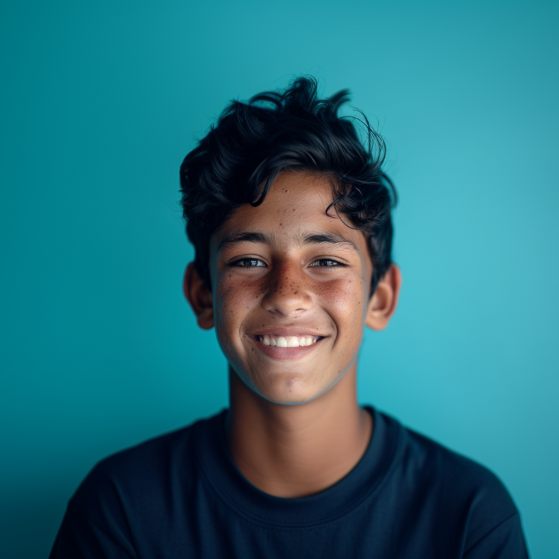 A young boy is smiling for the camera in front of a blue background.