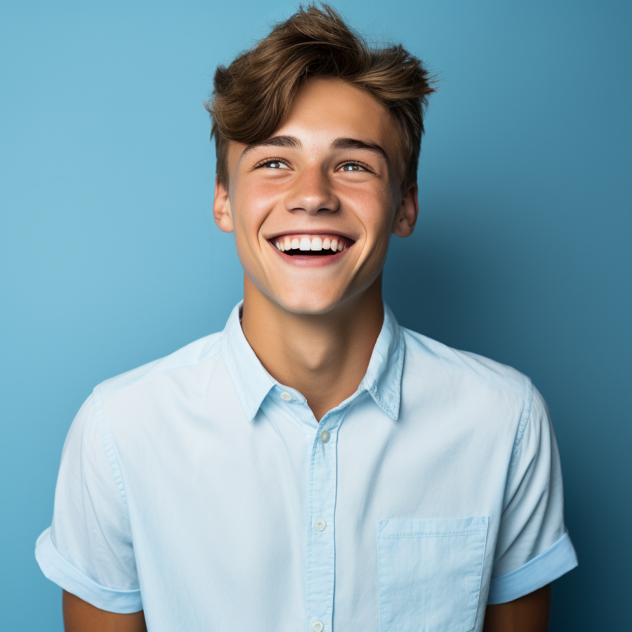 a young man in a light blue shirt is smiling against a blue background .