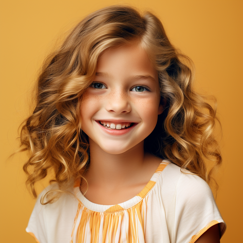 a little girl with curly hair is smiling for the camera .