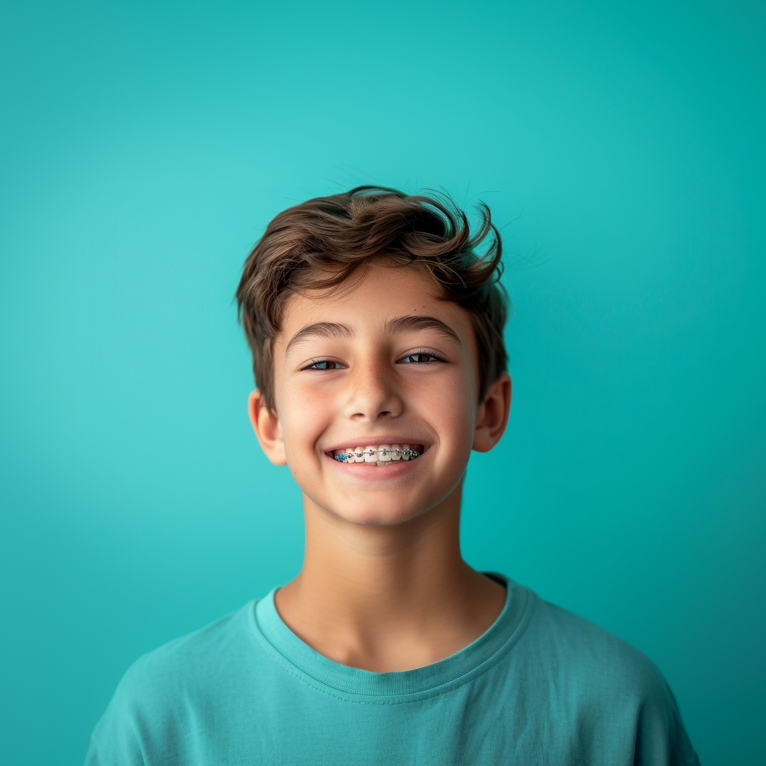 A young boy with braces on his teeth is smiling for the camera.