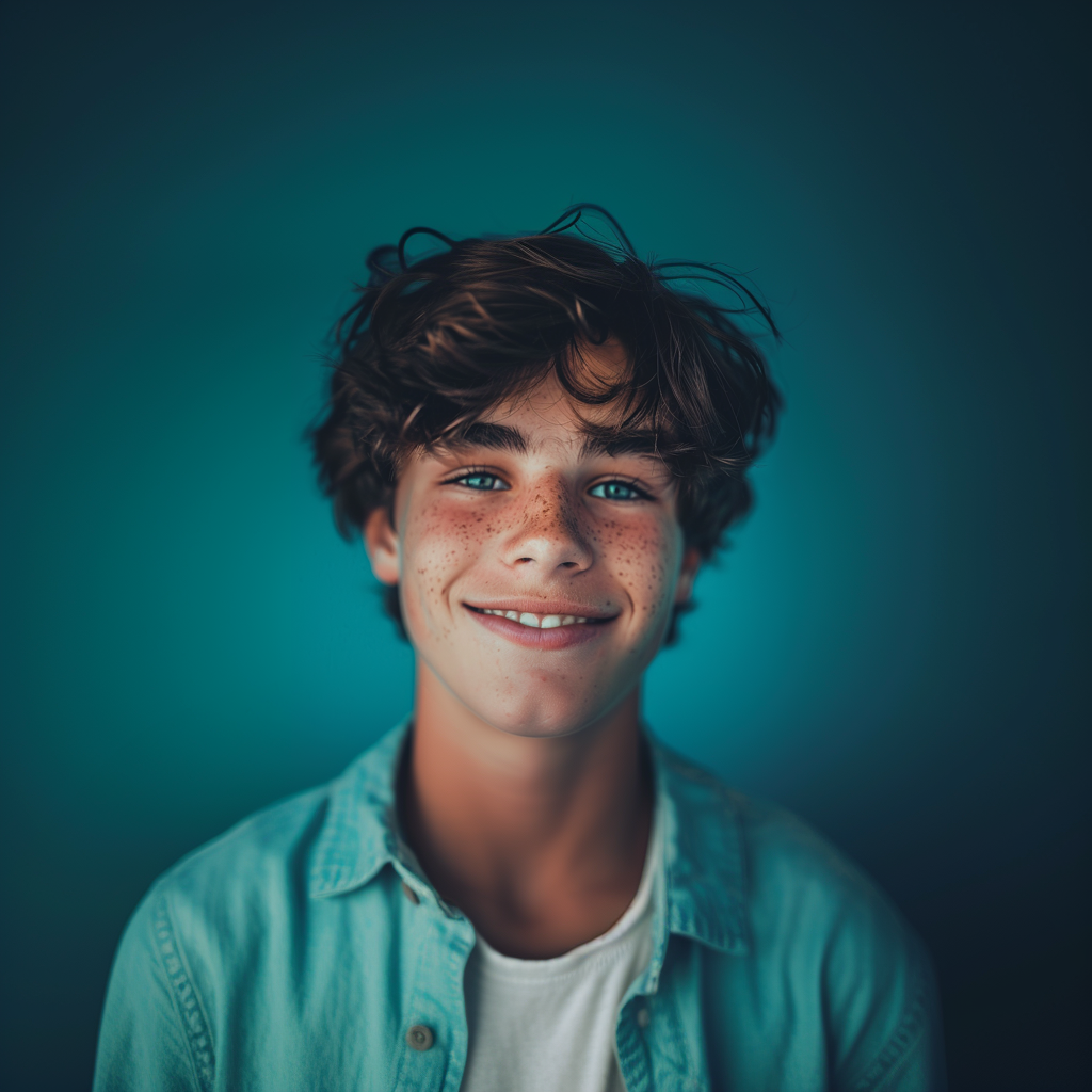 A young boy with freckles on his face is smiling for the camera.