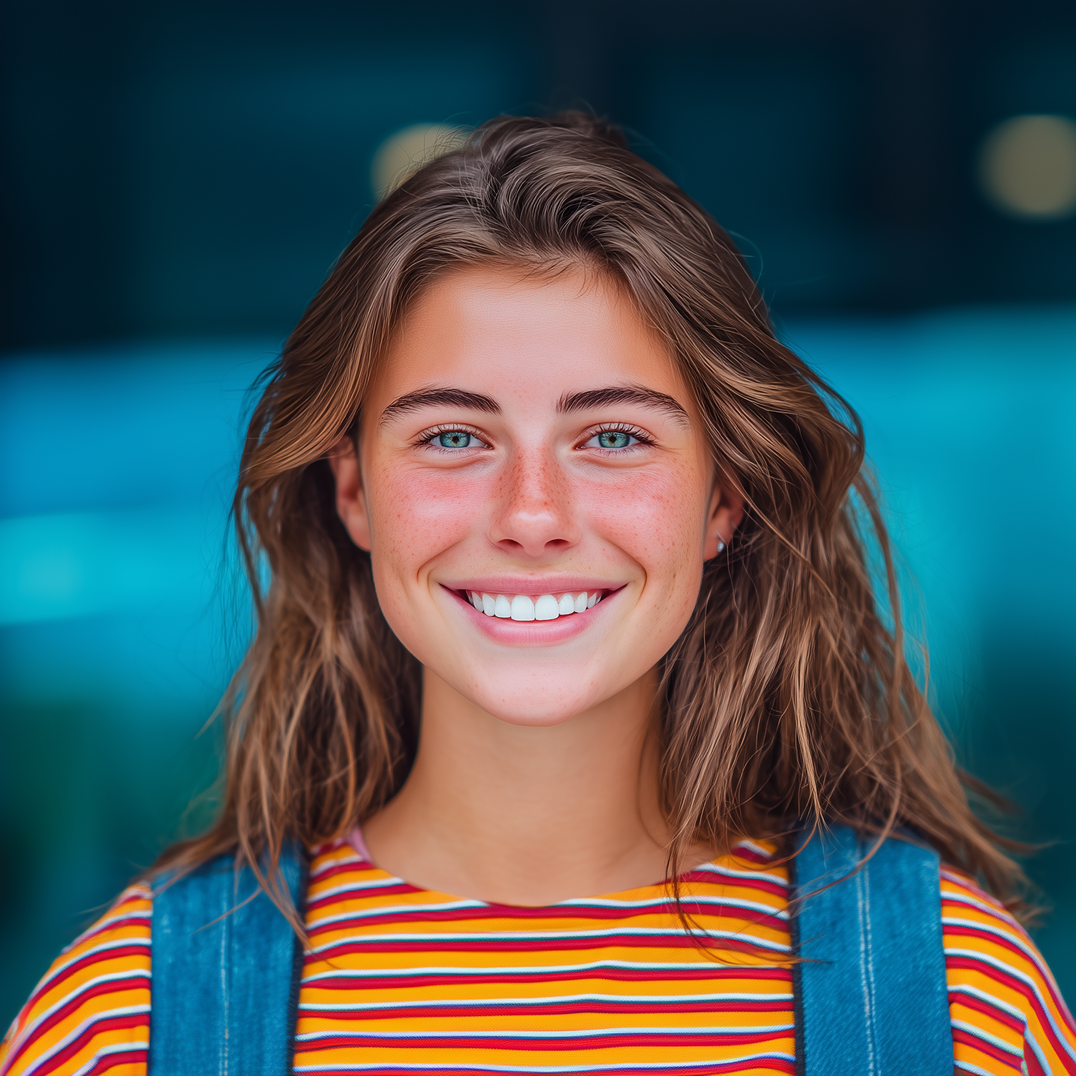 Young woman with long brown hair and a big smile, wearing a striped shirt and a blue denim backpack.