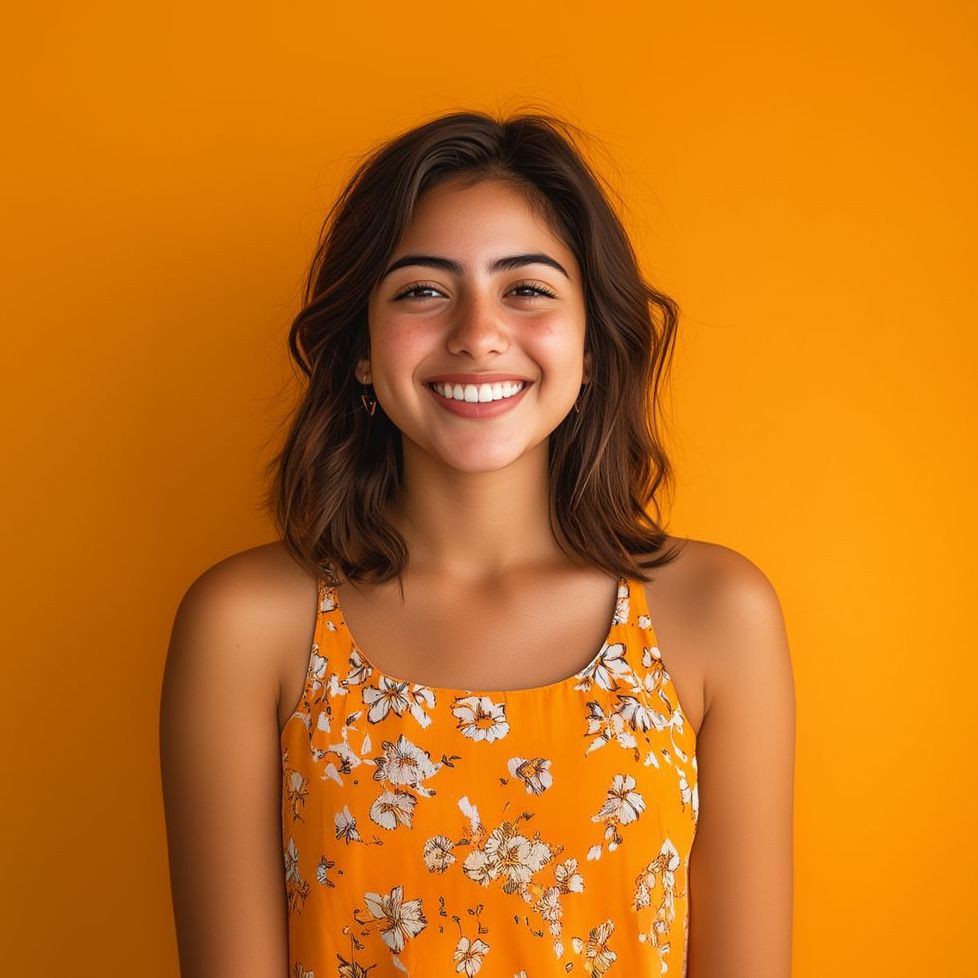 A woman in a yellow floral dress is smiling in front of an orange background.