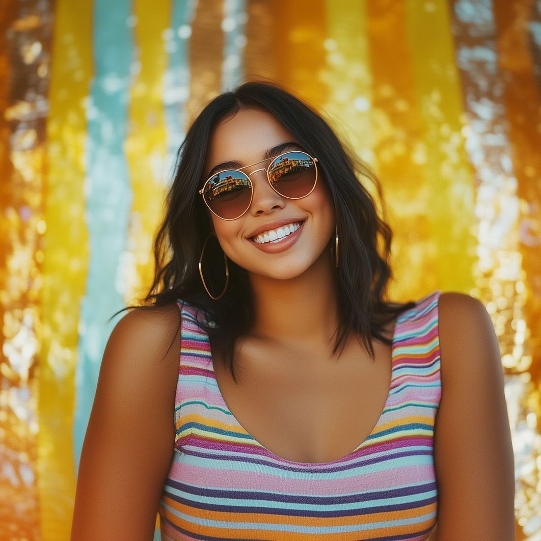 A woman wearing sunglasses and a striped tank top smiles for the camera