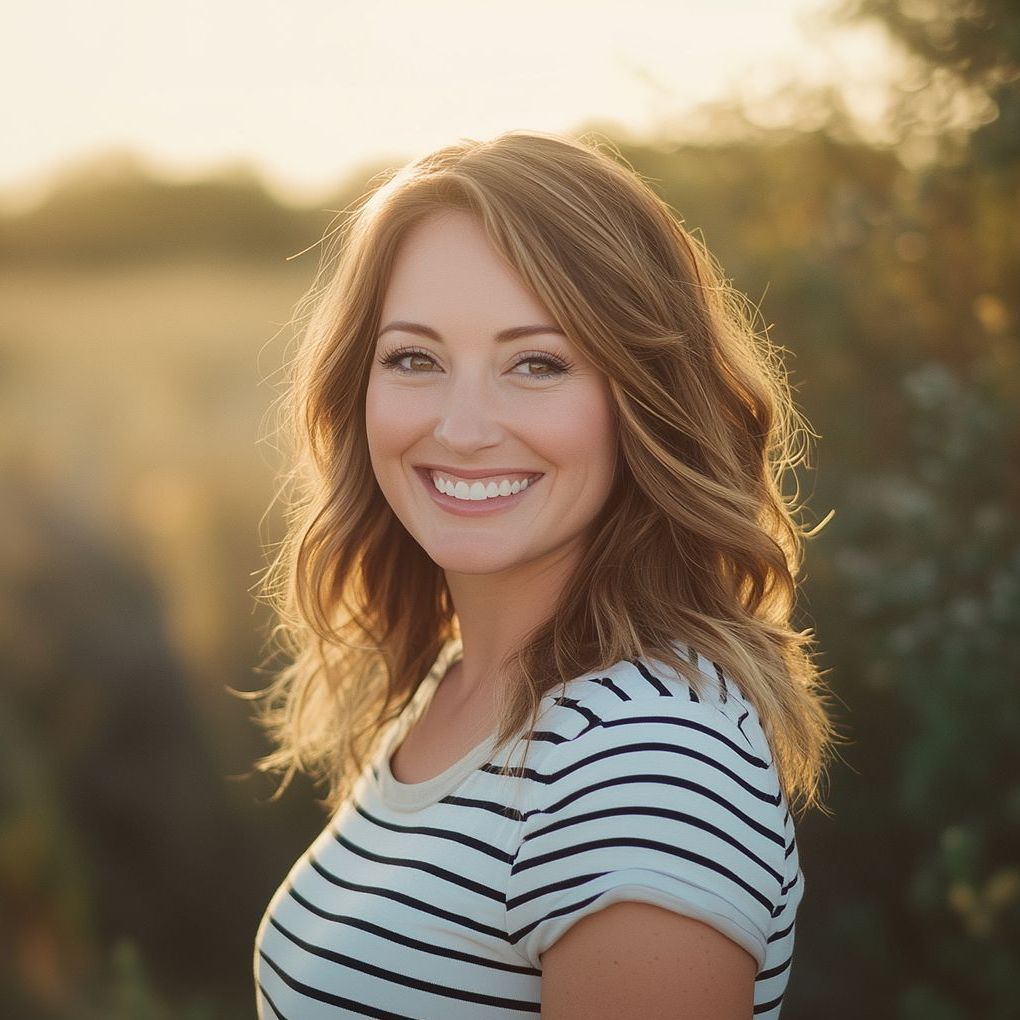 A woman in a striped shirt is smiling for the camera