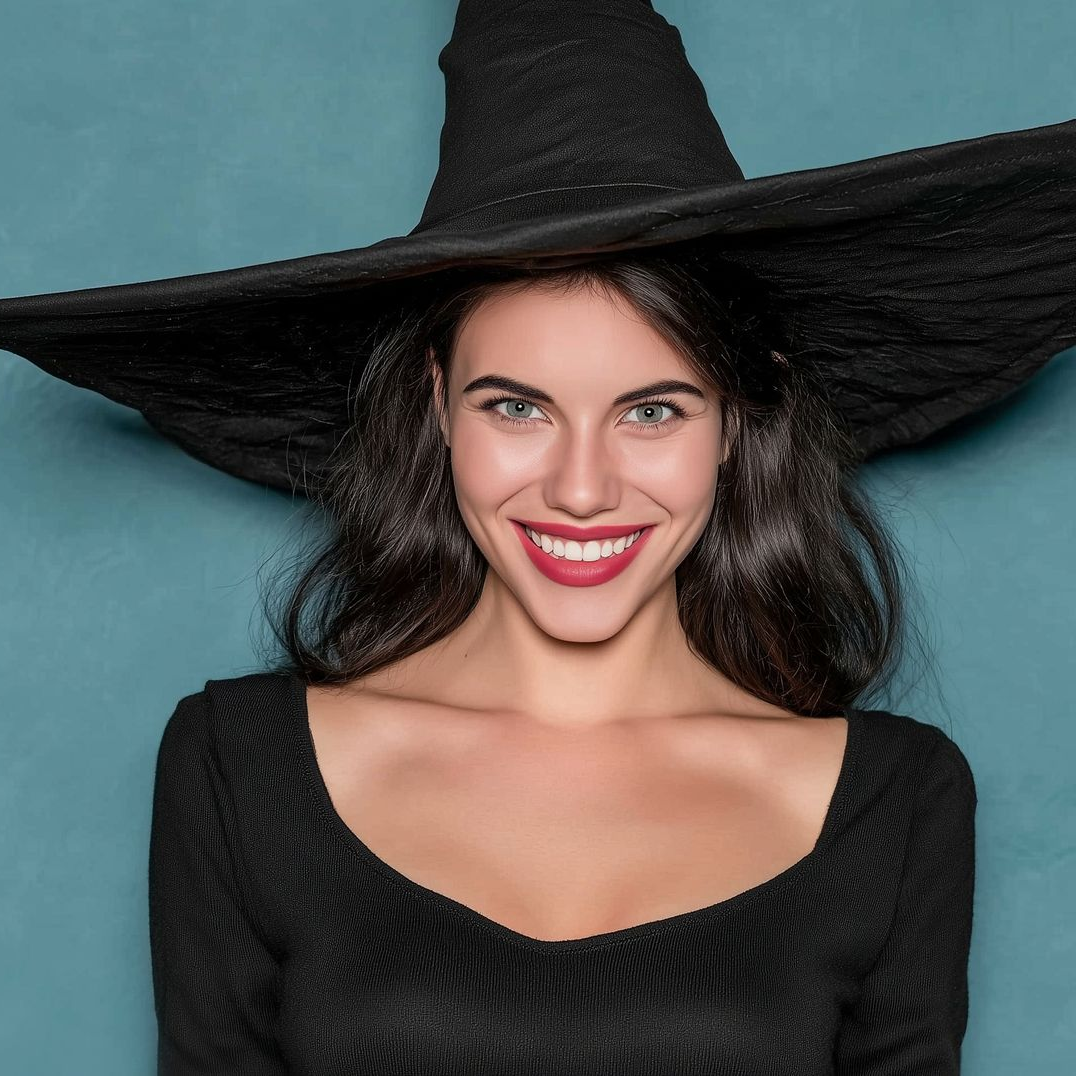 Woman in black witch hat and top smiles against a teal background.