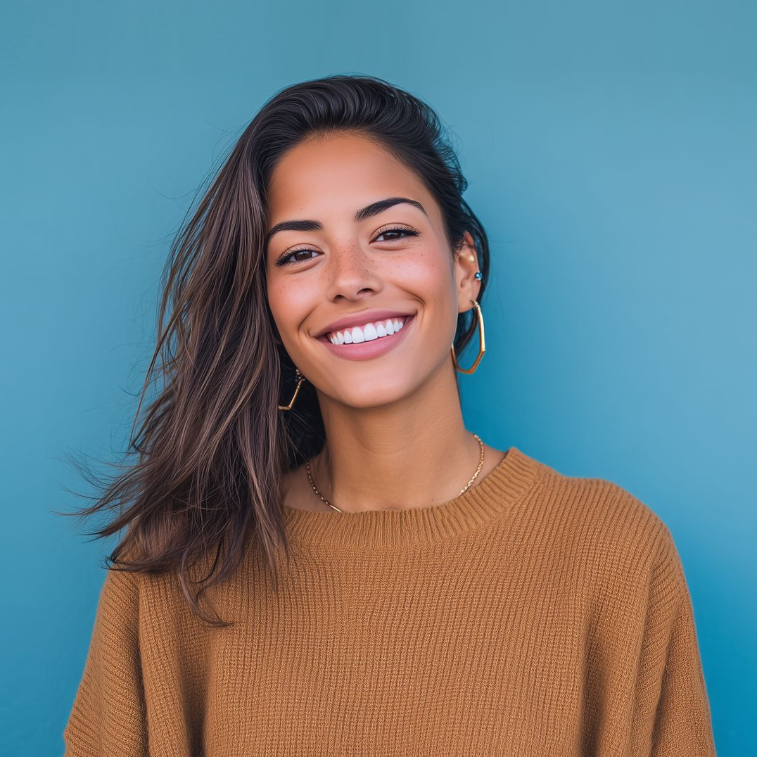 Woman with brown hair and sweater smiles against a teal background.