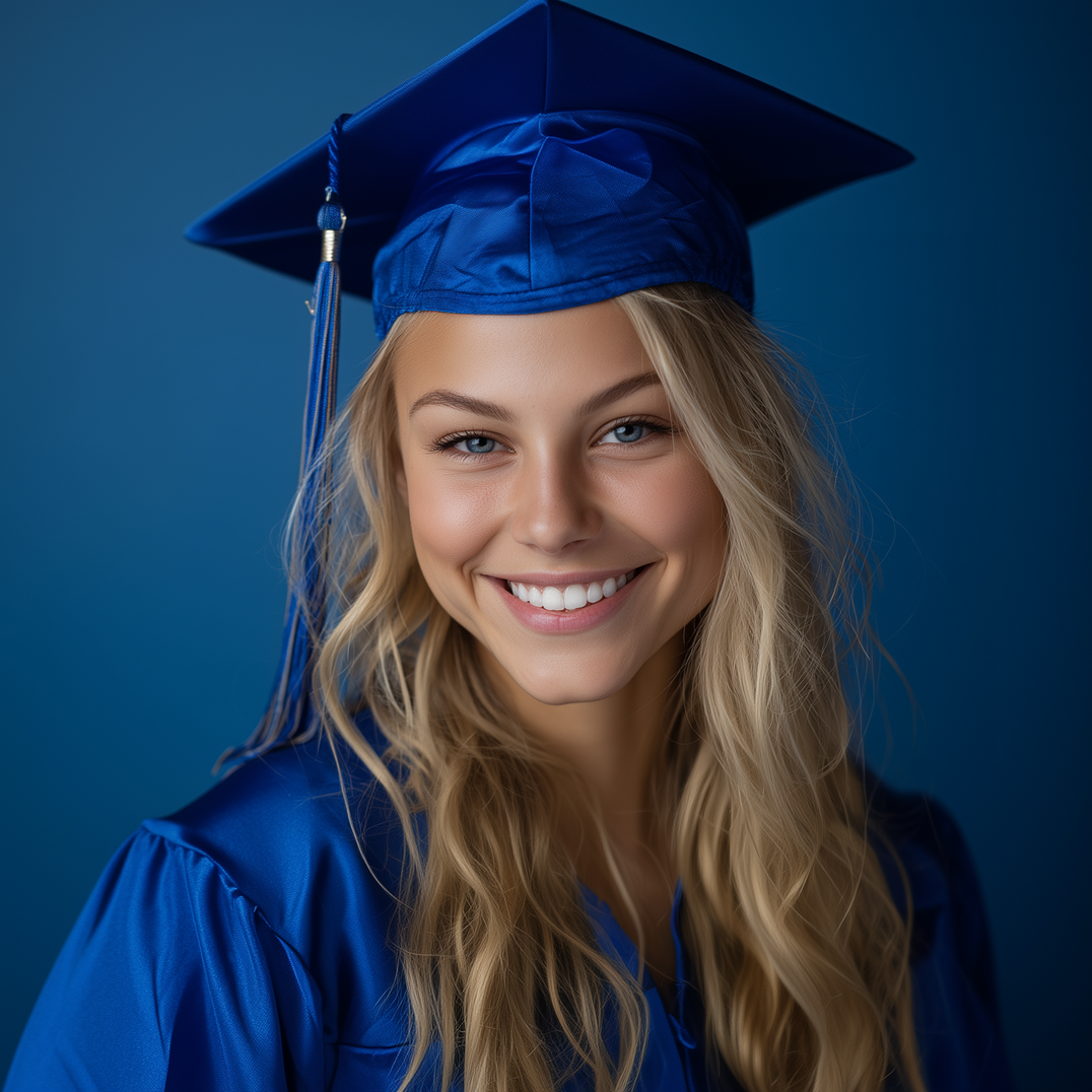 Smiling graduate in blue cap and gown against a blue background