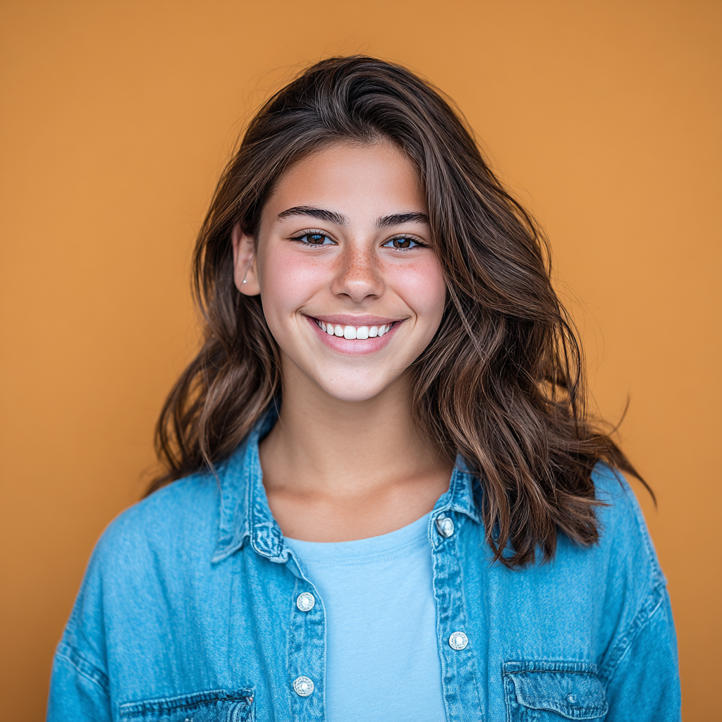 Smiling young woman with wavy brown hair, wearing a blue denim shirt and t-shirt, against an orange background.