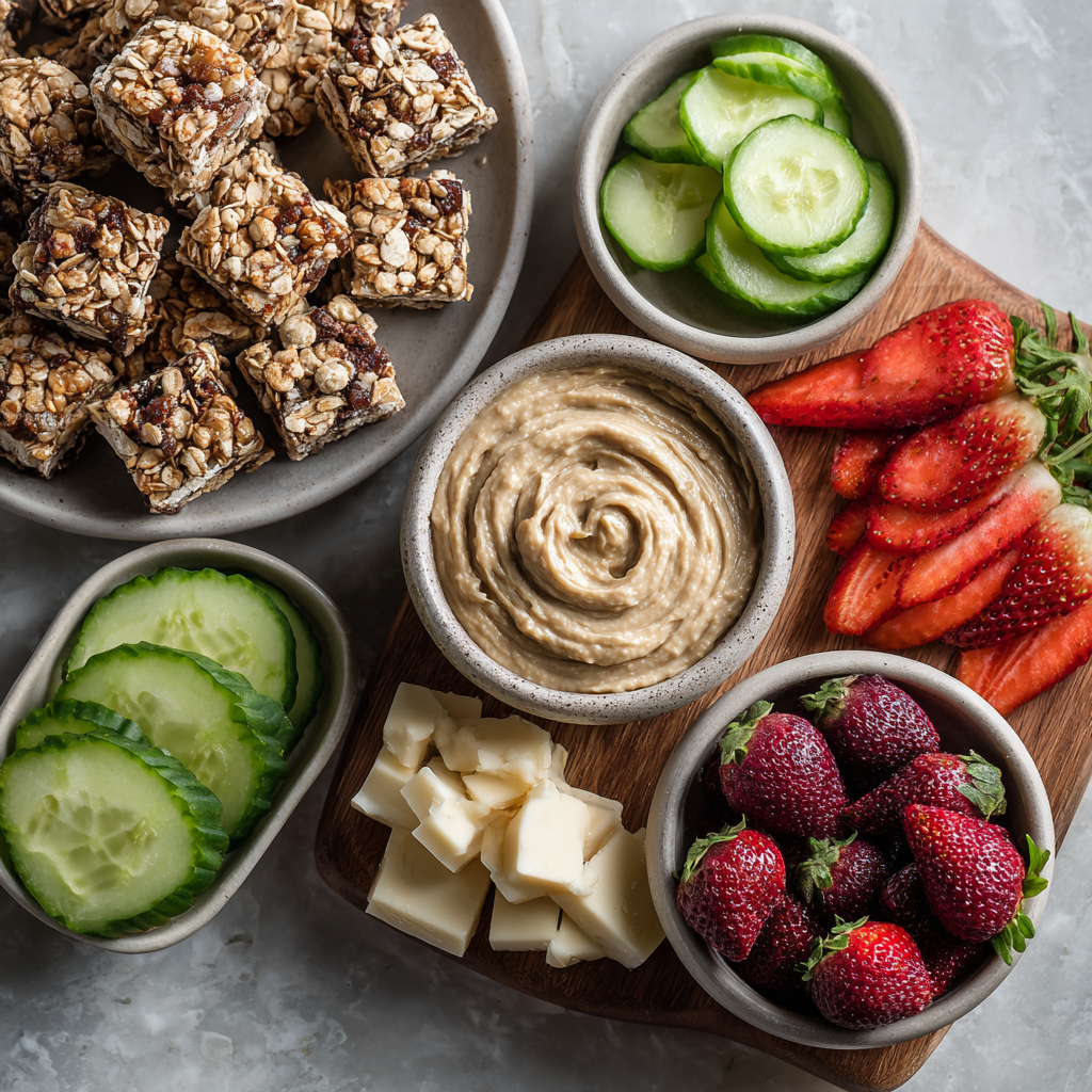 Snack board: granola bites, hummus, cucumbers, strawberries, cheese.