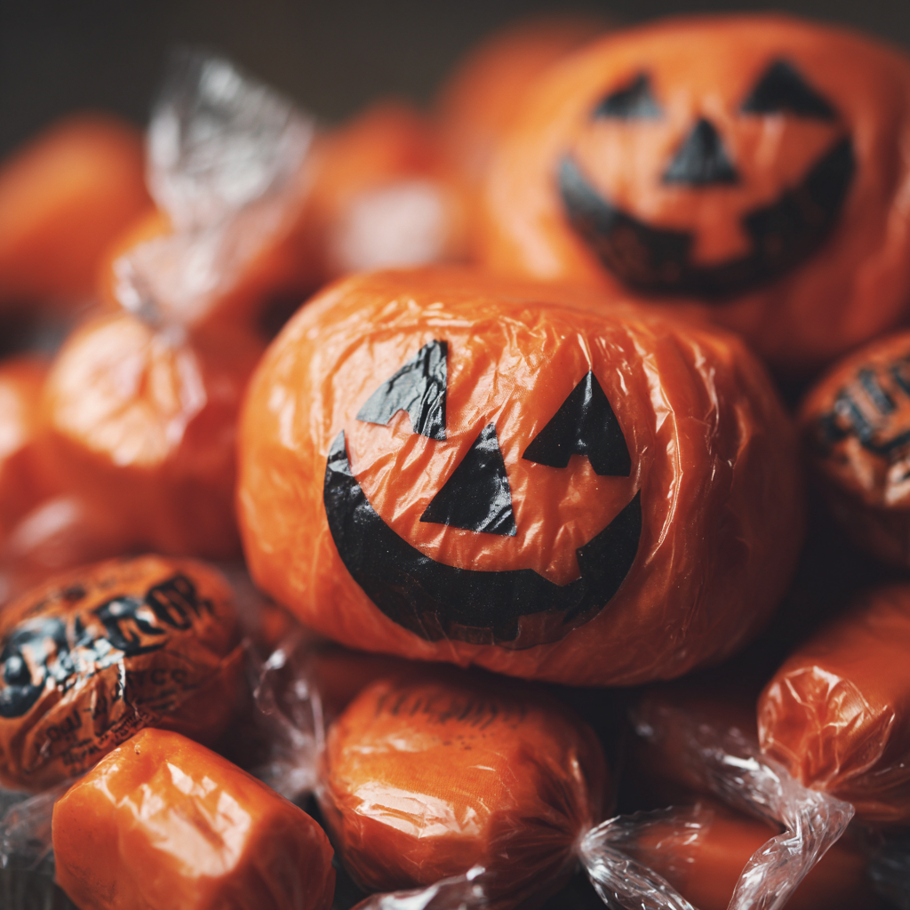 Pile of orange, pumpkin-shaped candies, some wrapped in clear plastic. Jack-o'-lantern faces are printed on the candies.
