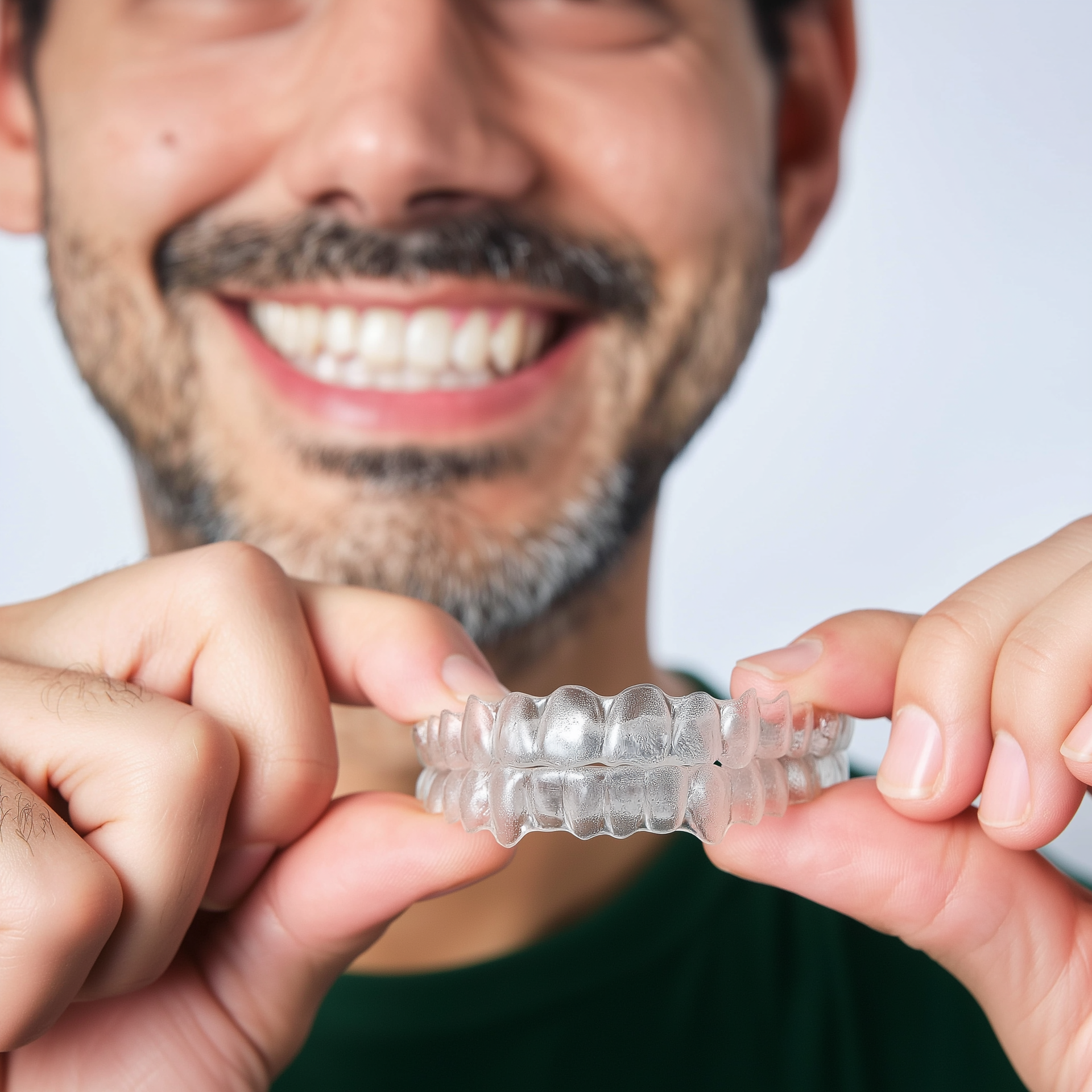 Smiling person holding a clear dental aligner close to the camera
