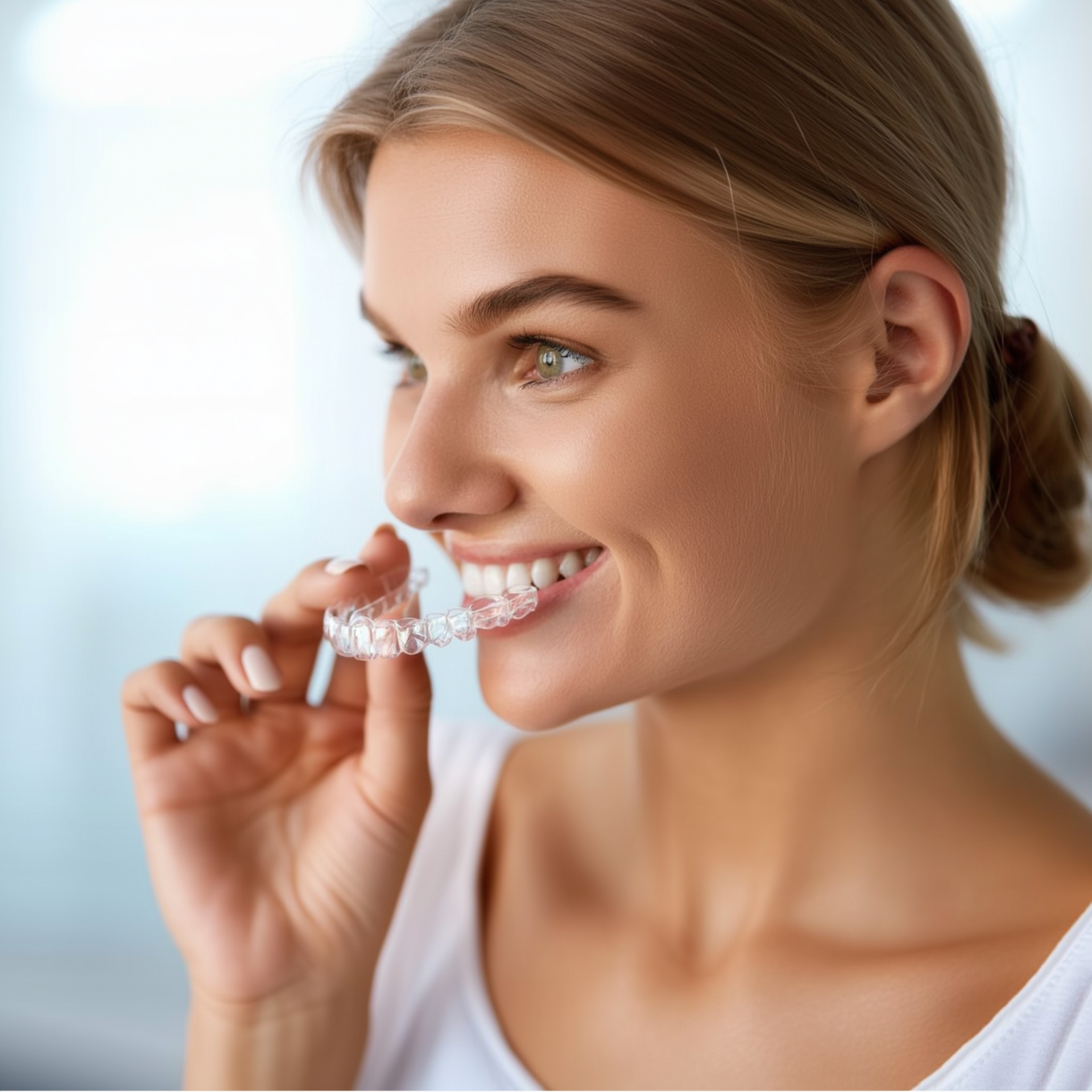 Woman smiling, holding clear aligners near her teeth.