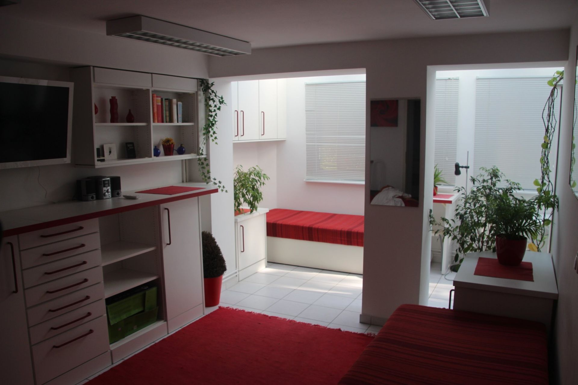 Ein Zimmer mit weißen Schränken und einem roten Teppich