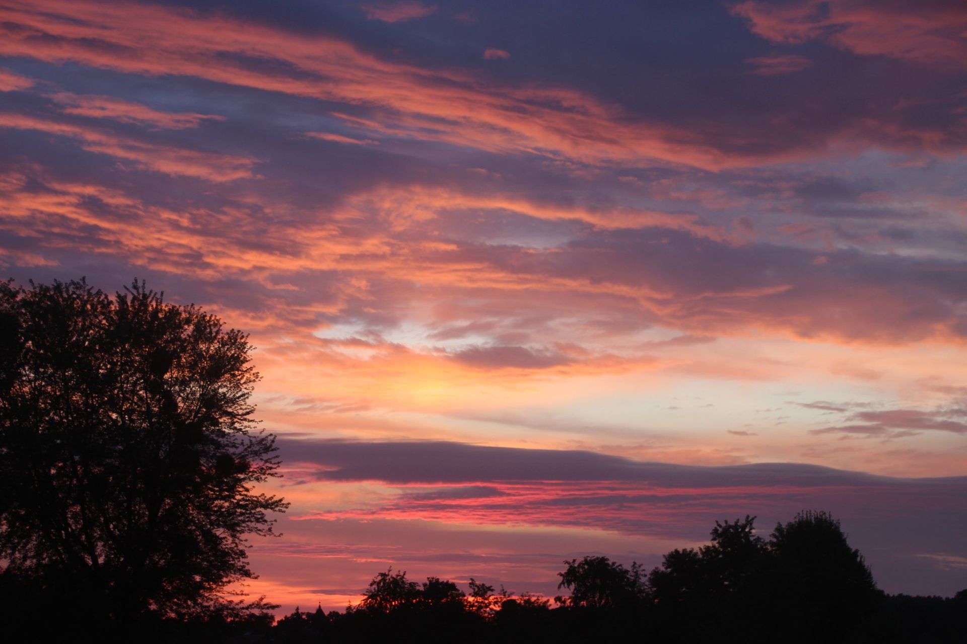 Ein Sonnenuntergang mit Bäumen im Vordergrund und Wolken im Hintergrund