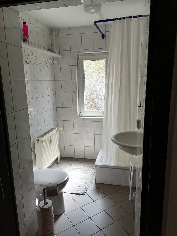 Ein Badezimmer mit Toilette, Waschbecken und Duschvorhang.