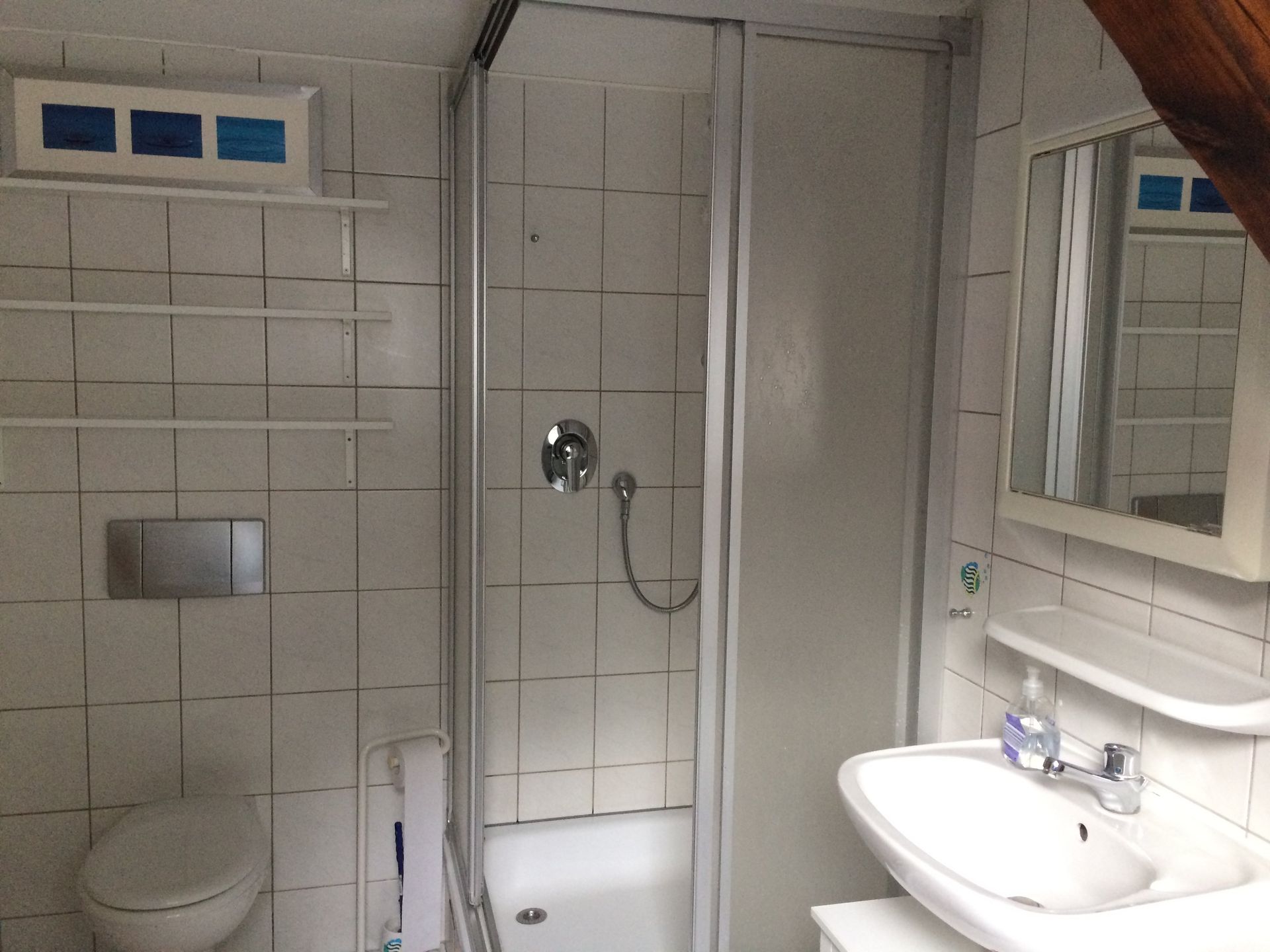 Ein Badezimmer mit Toilette, Waschbecken und Spiegel