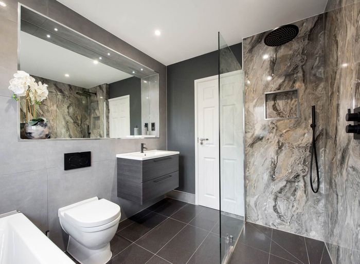 Bathroom with a Toilet, Sink, Mirror and Shower