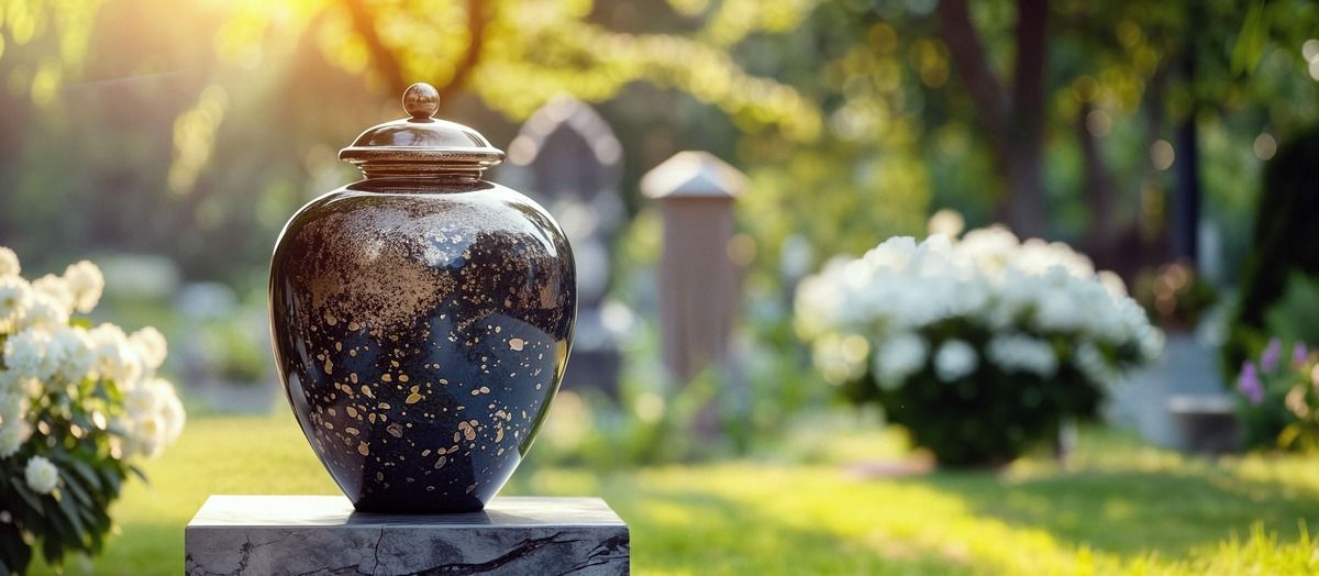A dark, gold-speckled funeral urn sits on a stone base in a cemetery at sunset, surrounded by white flowers.