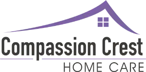 Logo for Compassion Crest Home Care, featuring a purple house roof outline above the company name in black text.