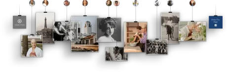 A hanging display of various black-and-white and color photographs, flanked by two logo tiles, against a white background.