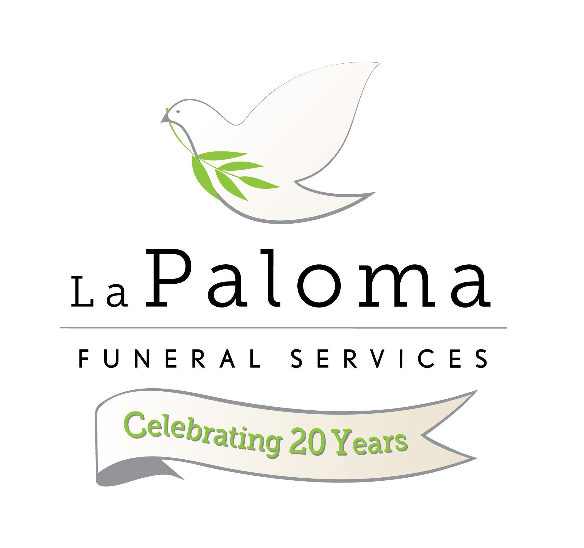 Logo for La Paloma Funeral Services, featuring a white dove holding a green olive branch above the company name and text.