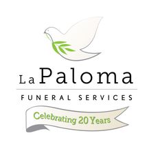 Logo for La Paloma Funeral Services, featuring a white dove holding a green olive branch above the company name and text.