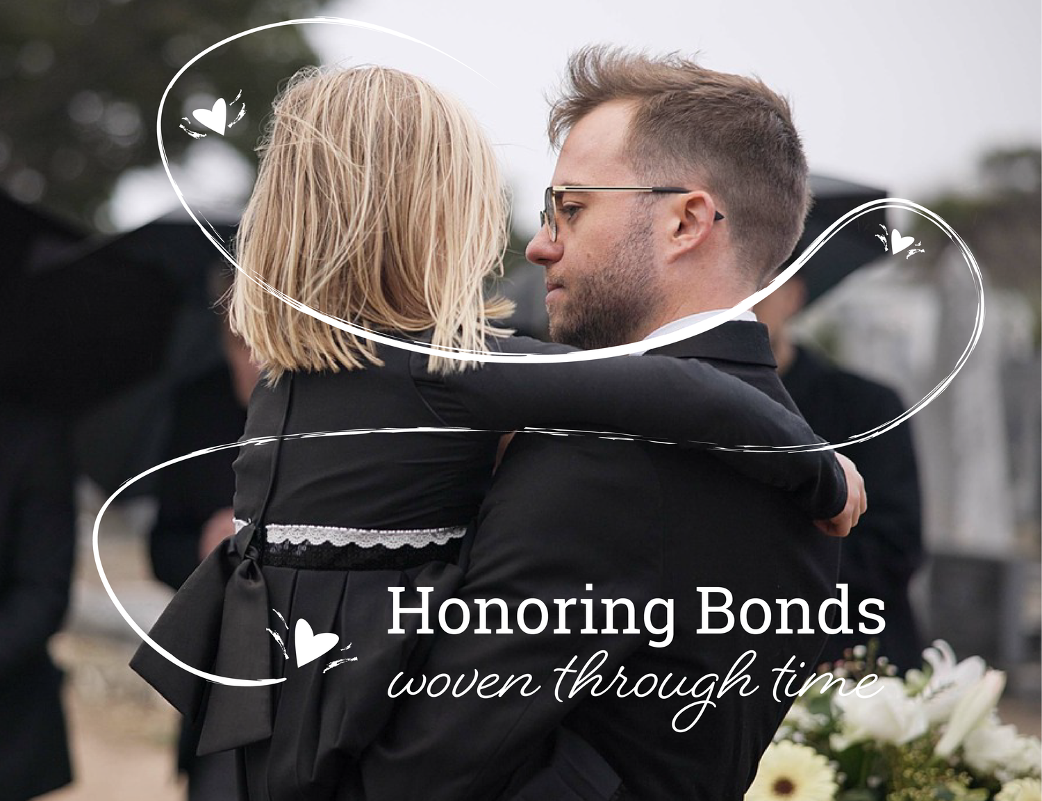 A person in a suit holds a child in a black dress at an outdoor funeral, overlaid with decorative white lines and text.