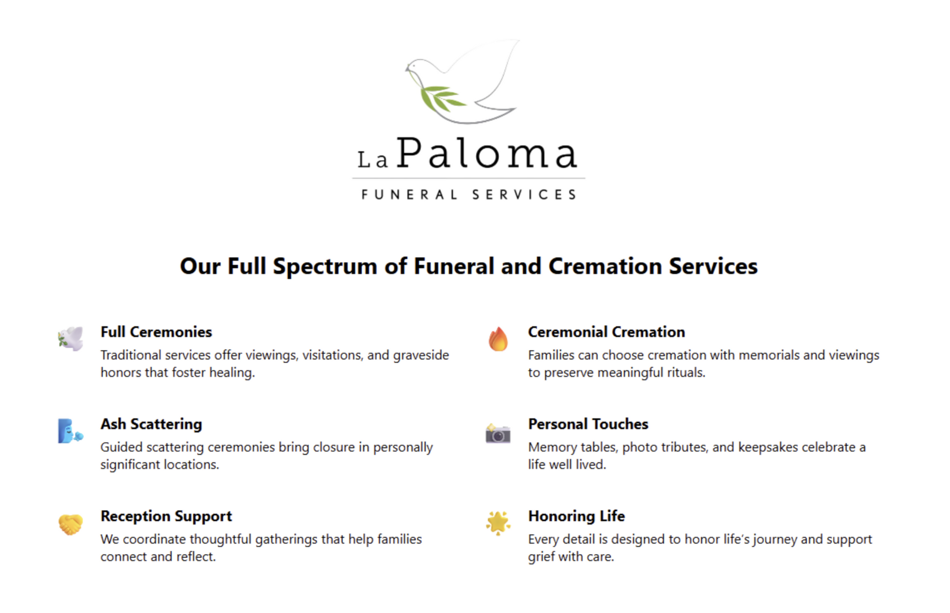 La Paloma Funeral Services logo and a list of memorial, cremation, and support services.