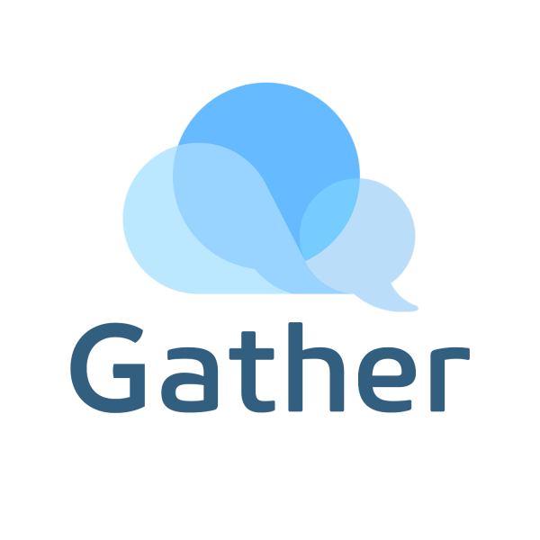 Logo for Gather, featuring three overlapping light blue speech bubbles forming a cloud shape above the word