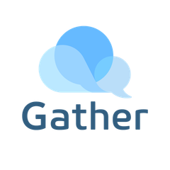 Logo for Gather, featuring three overlapping light blue speech bubbles forming a cloud shape above the word 