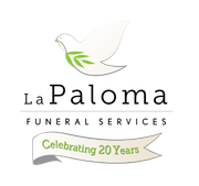 Logo for La Paloma Funeral Services, featuring a white dove with a green olive branch, celebrating 20 years.