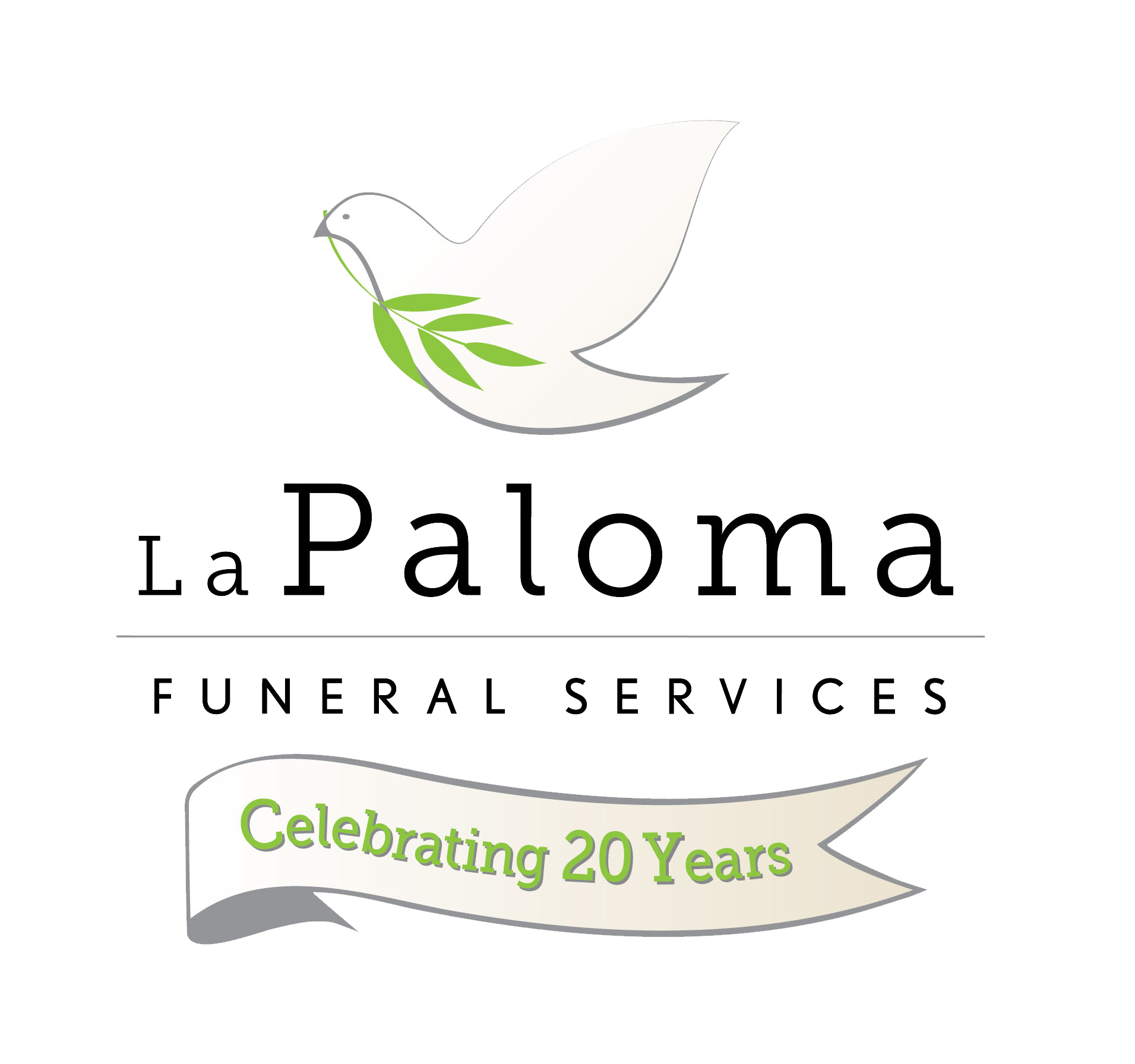Logo for La Paloma Funeral Services, featuring a white dove with a green olive branch, celebrating 20 years.