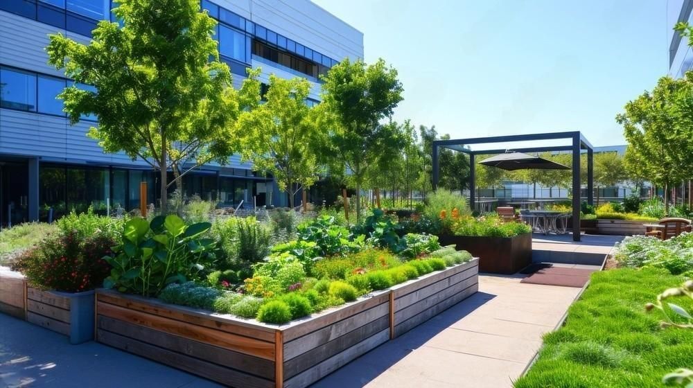 a large building with a garden in front of it .