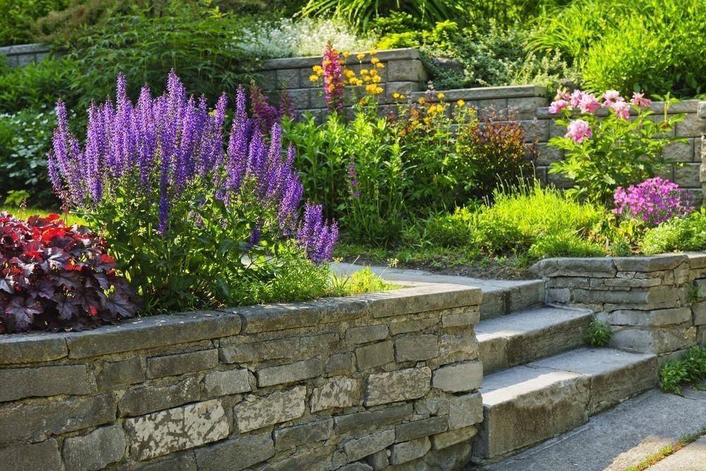 a stone wall surrounds a garden filled with lots of flowers and plants .