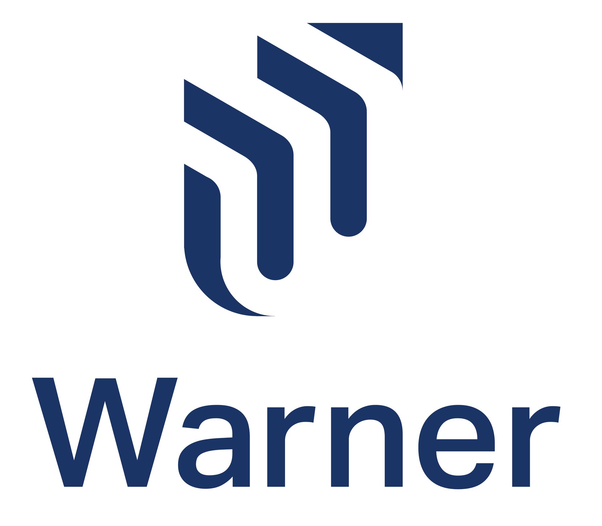 The warner logo is a blue and white logo with three arrows pointing in opposite directions.