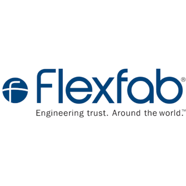 A blue and white logo for flexfab engineering trust around the world